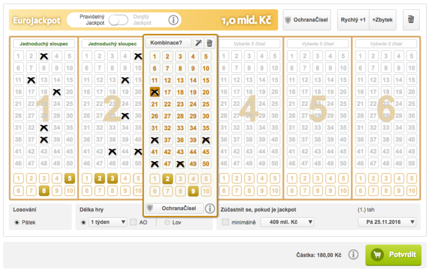 Vyplnění tiketu loterie EuroJackpot online